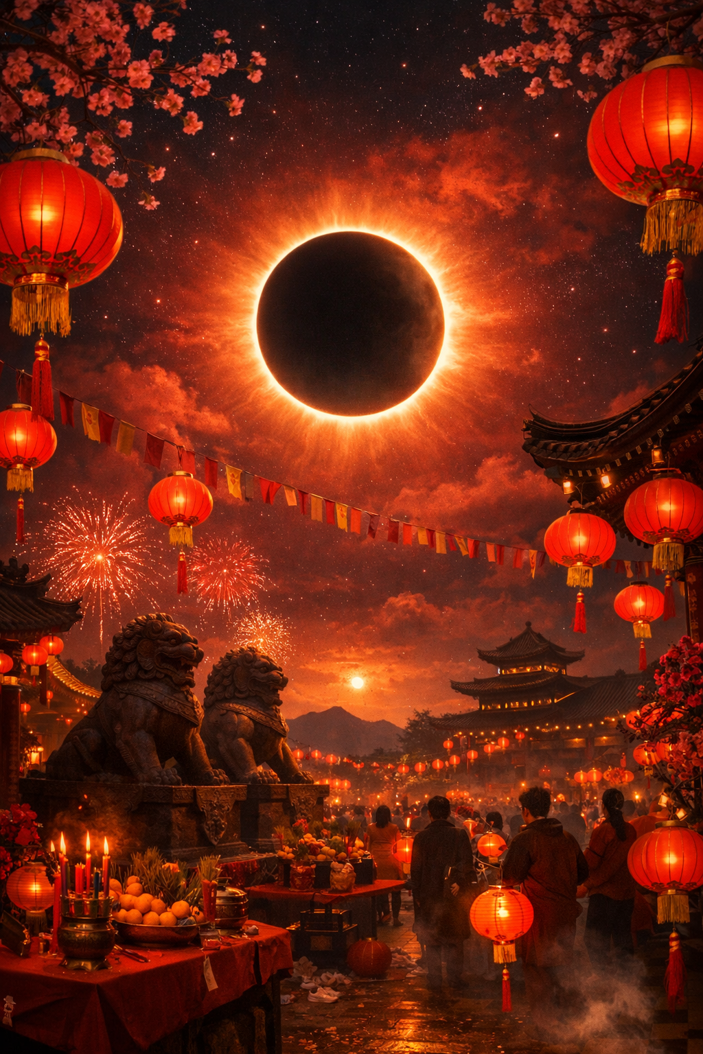Solar eclipse with Chinese New Year lanterns